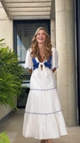 White & Blue Embroidered Tie-Front Tiered Maxi Dress
