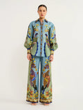 Tropical Bird Print Linen Blouse & Wide-Leg Pants Two-Piece Set