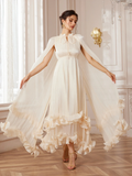 White Cape-Sleeve Ruffle Midi Dress with Lace-Up Waist and 3D Floral Appliqués