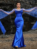 Satin Mermaid Gown with Embellished Sheer Cape