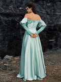Mint Green Off-Shoulder Crystal A-Line Gown