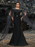 Black Beaded Mermaid Gown with Sheer Cape Sleeves
