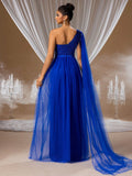 Royal Blue One-Shoulder A-Line Gown with Sheer Cape