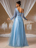 Sky Blue Floral Beaded A-Line Gown with Sheer Sleeves