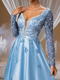 Sky Blue Floral Beaded A-Line Gown with Sheer Sleeves