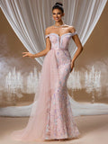 Off-Shoulder 3D Floral Beaded Mermaid Gown