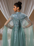 Seafoam Green Crystal Tulle Cape Evening Gown
