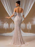 Champagne Off-Shoulder Mermaid Gown with Crystal Embroidery