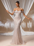 Champagne Off-Shoulder Mermaid Gown with Crystal Embroidery