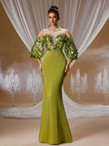 Gilded Olive Sequin Mermaid Gown with Lantern Sleeves