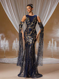 Navy Blue & Gold Sequin Mermaid Gown with Dramatic Flared Sleeves