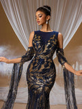 Navy Blue & Gold Sequin Mermaid Gown with Dramatic Flared Sleeves