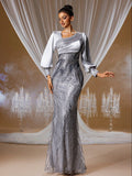 Silver Sequin Lantern Sleeve Mermaid Gown