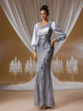Silver Sequin Lantern Sleeve Mermaid Gown