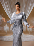 Silver Sequin Lantern Sleeve Mermaid Gown