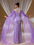 Royal Amethyst Crystal Mermaid Gown with Tulle Cape Sleeves