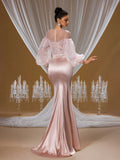 Blush Crystal Embroidered Mermaid Gown with Puffy Tulle Sleeves