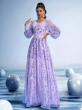 Lavender Sequin Bell Sleeve A-Line Gown
