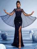 Sequin Mermaid Gown with Sheer Cape