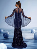 Sequin Mermaid Gown with Sheer Cape