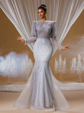 Grey Beaded Mermaid Gown with Puff Sleeves