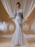Grey Beaded Mermaid Gown with Puff Sleeves