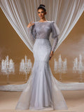 Grey Beaded Mermaid Gown with Puff Sleeves