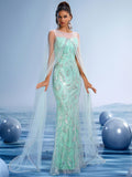 Mint Green Sequin Mermaid Gown with Sheer Cape Sleeves