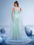 Mint Green Sequin Mermaid Gown with Sheer Cape Sleeves