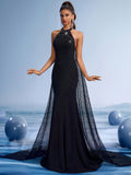 Black Halter Mermaid Gown with Sequin Cape Train