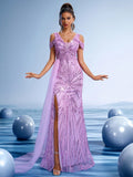 Lavender Sequin Off-Shoulder Mermaid Gown with Tulle Train