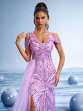 Lavender Sequin Off-Shoulder Mermaid Gown with Tulle Train