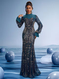 Teal Gold Sequin Mermaid Gown with Bell Sleeves