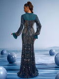 Teal Gold Sequin Mermaid Gown with Bell Sleeves