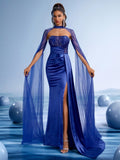 Royal Blue Satin Mermaid Gown with Sheer Cape Sleeves