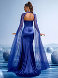 Royal Blue Satin Mermaid Gown with Sheer Cape Sleeves