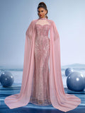 Blush Rose Sequin Mermaid Gown with Sheer Cape