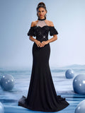 Black Beaded Halter Mermaid Evening Gown with Tulle Sleeves