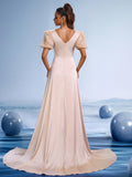 Champagne Beaded Mermaid Gown with Sheer Puff Sleeves