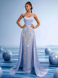 Lilac Floral Beaded Mermaid Gown with Cape Train