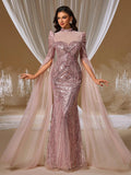 Rose Gold Sequin Mermaid Gown with Sheer Cape Sleeves