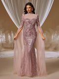 Rose Gold Sequin Mermaid Gown with Sheer Cape Sleeves