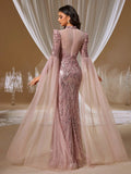 Rose Gold Sequin Mermaid Gown with Sheer Cape Sleeves