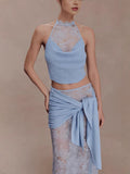 Lace Patchwork Halter Crop Top & Maxi Skirt Two-Piece Set