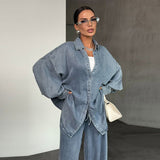 Oversized Denim Shirt & Wide-Leg Pants Two-Piece Set