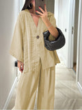V-Neck One-Button Top & High-Waist Trousers Two-Piece Set