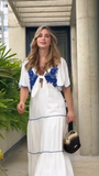 White & Blue Embroidered Tie-Front Tiered Maxi Dress