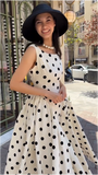 Vintage Polka Dot Boat Neck Midi Dress with Bow