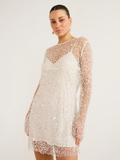 Beaded Sheer Mesh Two-Piece V-Neck Slip Dress