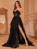 Midnight Muse Strapless Black Tulle High-Slit Evening Dress